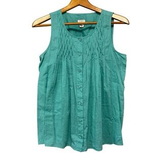 J. Crew Blue Green Cotton Smocked Button Front Sleeveless Blouse Top Size 2